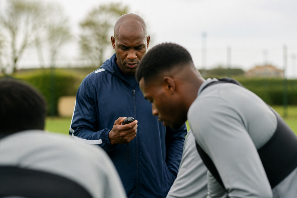 Coach tenant un chronometre pres de joueurs en entrainement