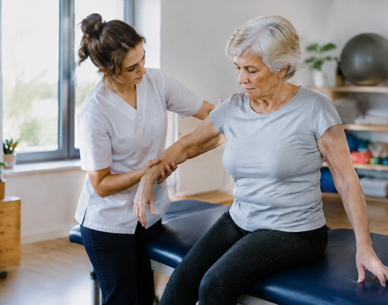 Kinesitherapeute aide patient assis sur table de soins